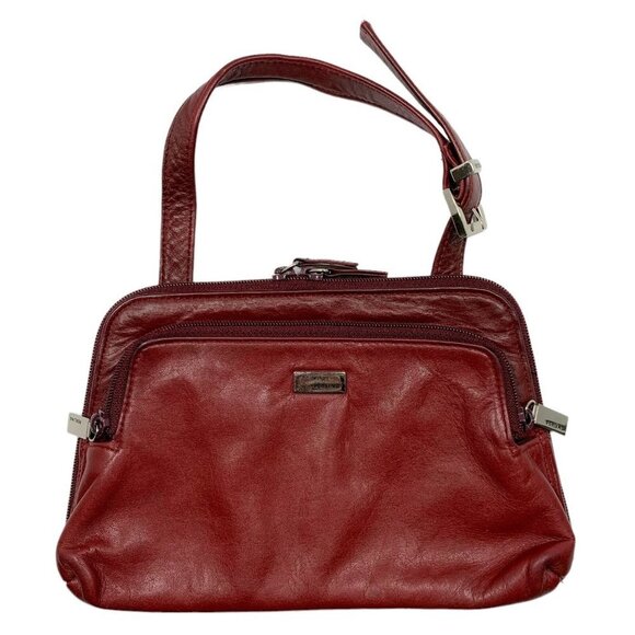 Vintage PERLINA Dark Red Leather Small Zip Top Handbag Purse - Picture 1 of 7